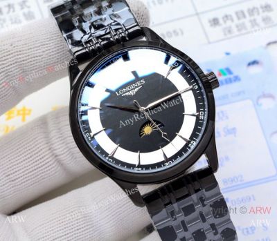 Replica Longines Moon phase Black Steel Men Watch for Sale